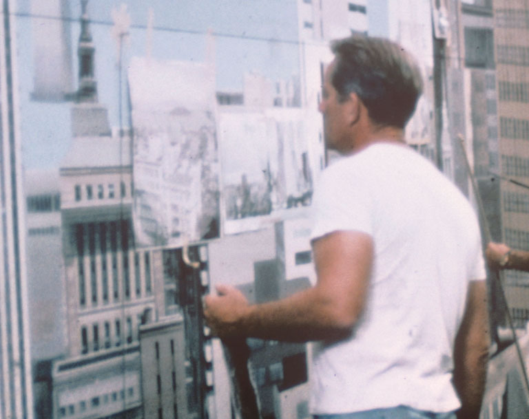 Description- Dobson at 20th Century Fox Studios with JC Backings painting <i>San Francisco</i>.