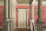Grand upstairs hallway with columns, staircase, and paneled door