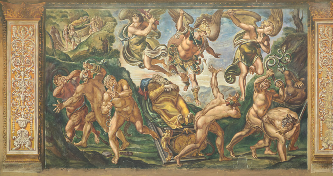 'Disputation Over Moses’ Body, by da Lecce over Signorelli’s original' backdrop from The Shoes of the Fisherman