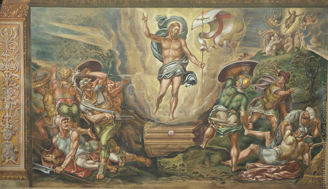 'Resurrection of Christ, by van den Broeck over Ghirlandaio’s original' backdrop from The Shoes of the Fisherman