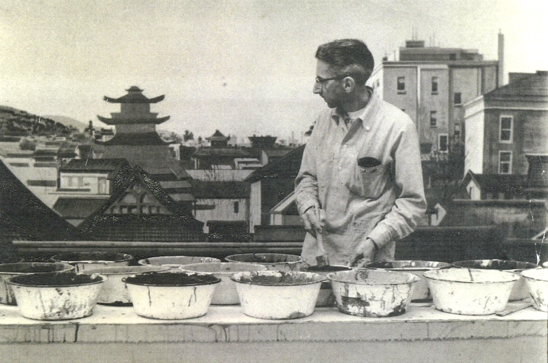 Gordon Butcher, lead artist at 20th Century Fox Scenic Art Dept. painting backdrop for <i>The Barbarian and the Geisha</i> (1958) 
