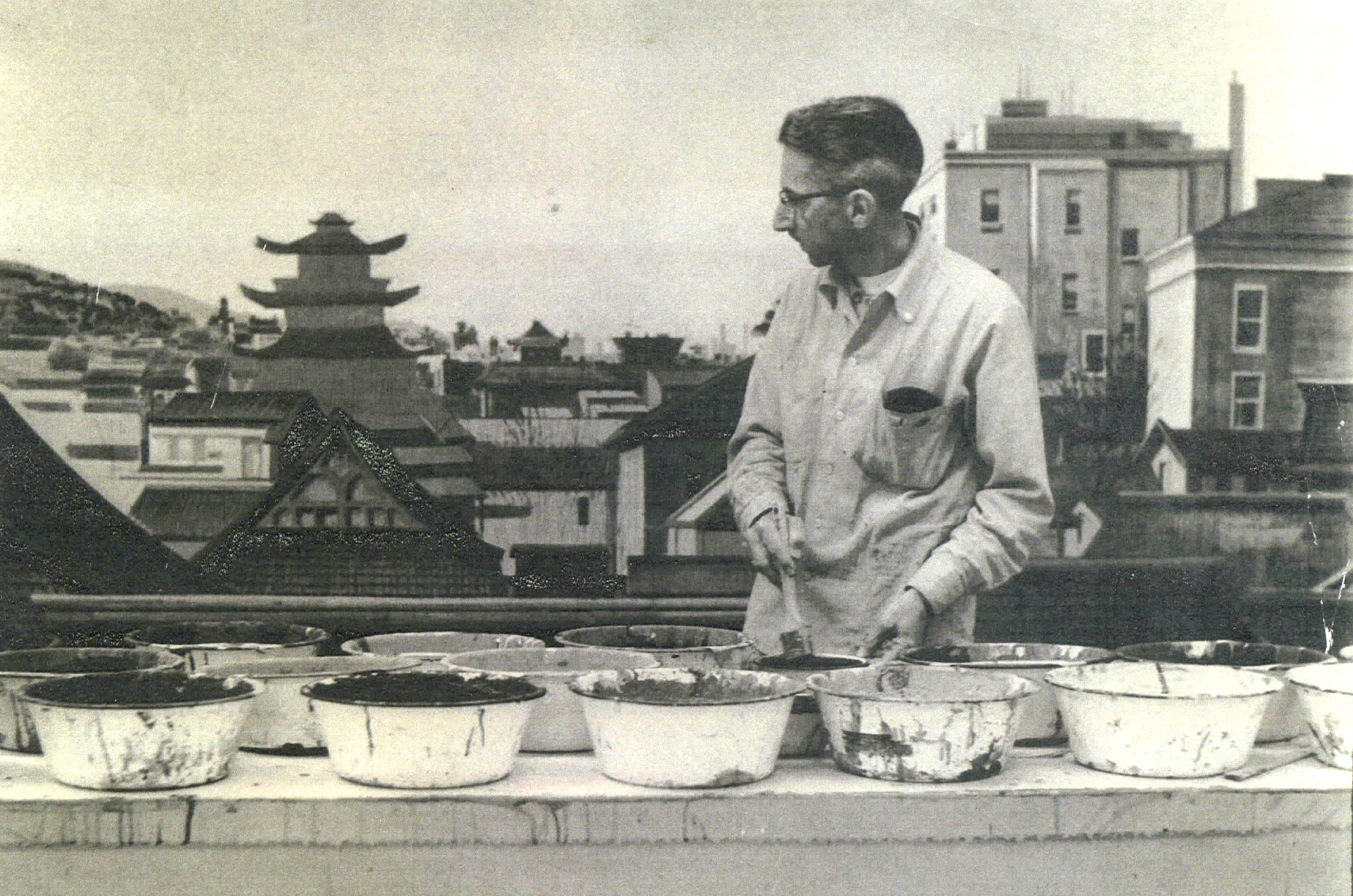 Gordon Butcher, lead artist at 20th Century Fox Scenic Art Dept. painting backdrop for <i>The Barbarian and the Geisha</i> (1958) 
