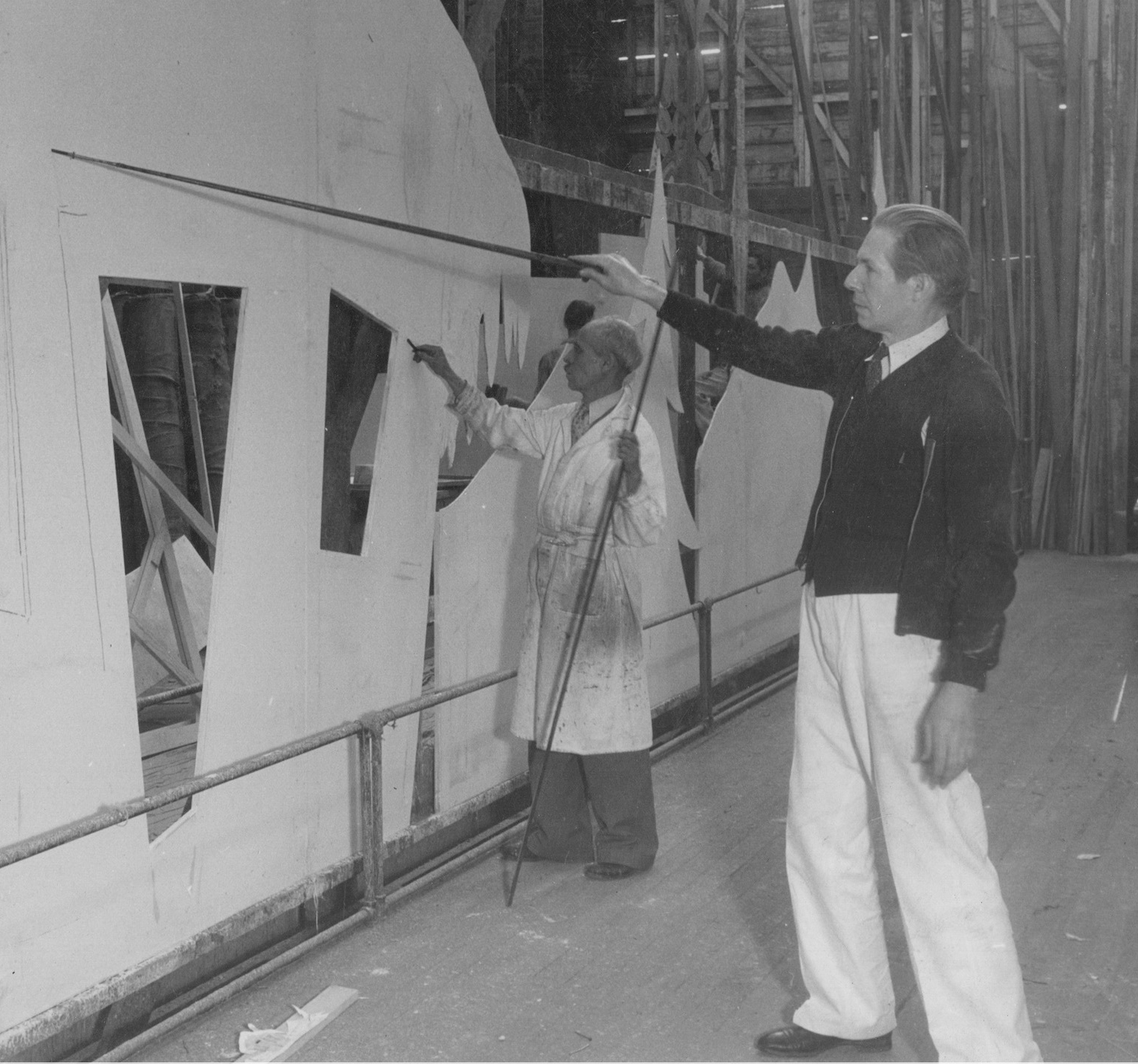 Art Rider(right), R.L. Grosh & Sons, "cartooning" on hard scenic profile unit, c 1930s