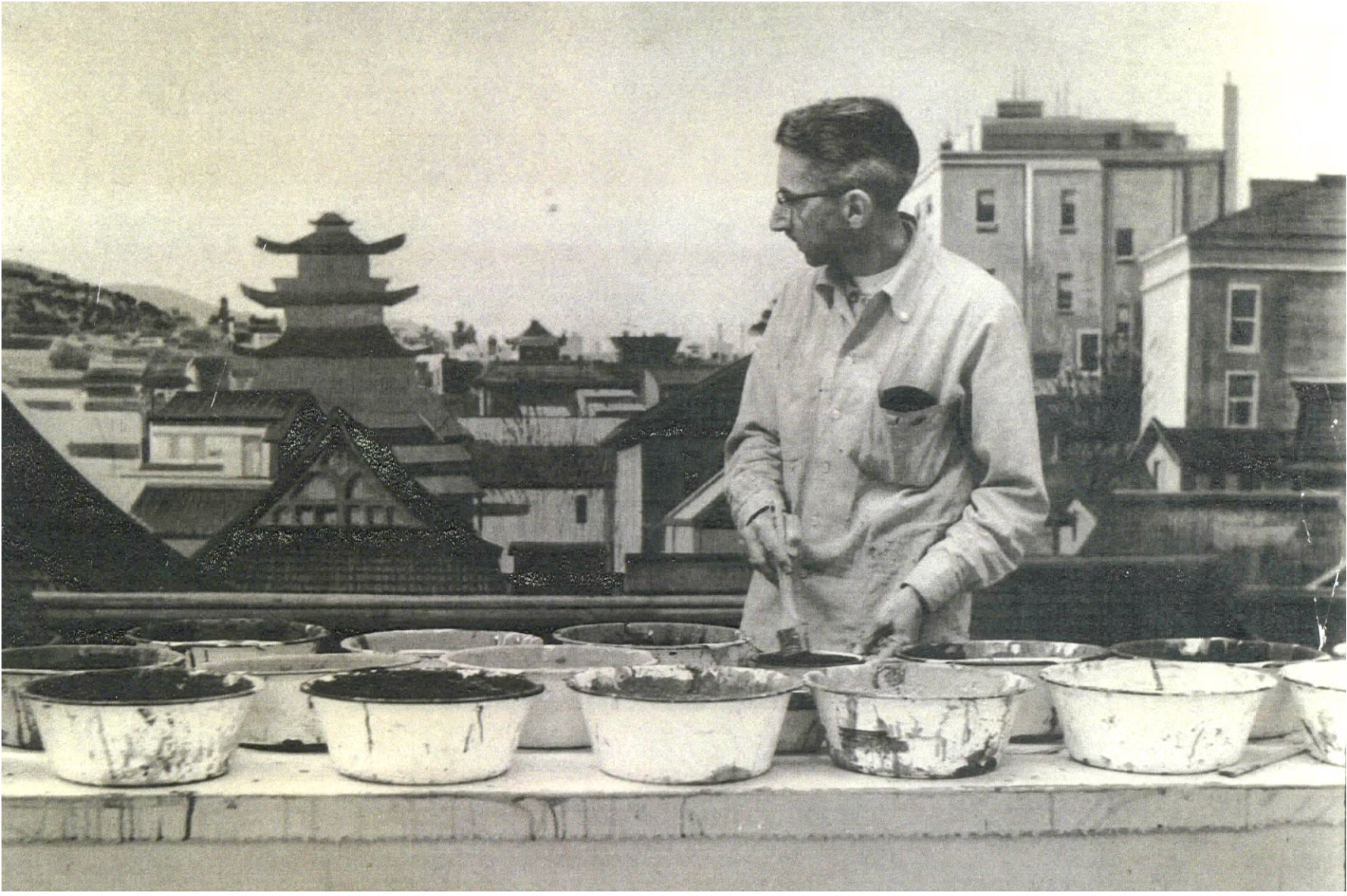 Gordon Butcher, lead artist at 20th Century Fox Scenic Art Department painting backdrop for <i>The Barbarian and the Geisha</i> (1958) 
