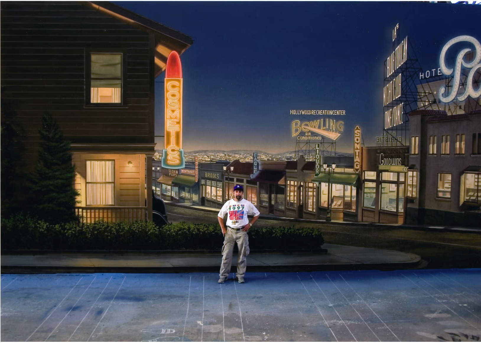 Joseph Francuz at J.C. Backings, lead scenic artist on <i>Chaplin</i> (1992) translucent backdrop. 