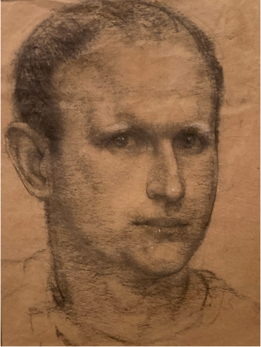 Charcoal self-portrait of scenic artist Albert Joseph Londraville. Londraville studied under Russian American portrait painter Nicolai Fechin, whose instruction shaped his development as a draftsman and portrait artist.