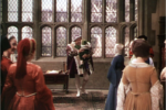 Scene from Young Bess (1953) showing performers in a Tudor interior set with leaded-glass windows